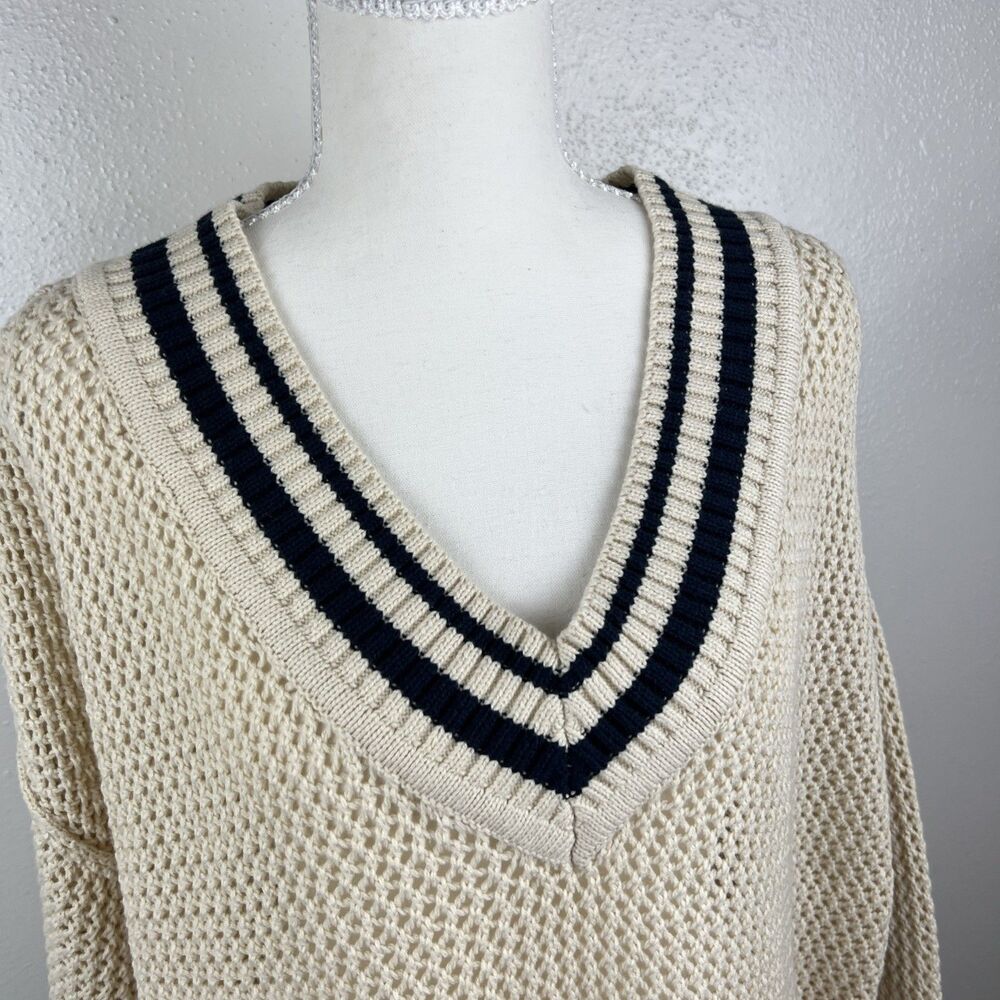 Arizona Sweater Women Large Beach Blue Varsity Pullover V-Neck Open Knit Casual - Picture 7 of 13